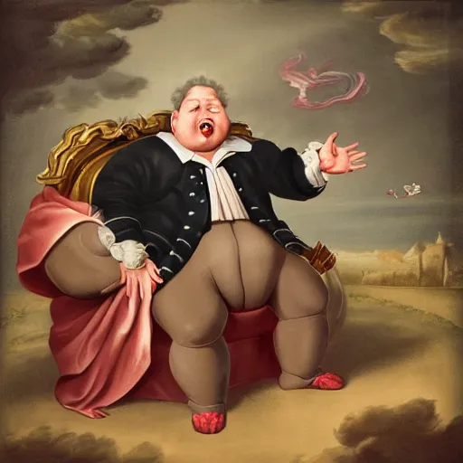 Image similar to childish fat politician with big stomch is eating souls of tiny peoples in baroque style