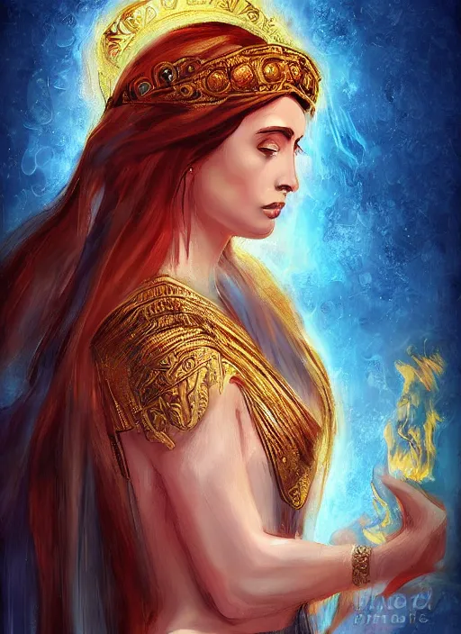 Prompt: Portrait of a beautiful priestess from the oracle of Delphi, looking into the flames, greek mythology, lecherous pose, in the style of Julia Ustinovich, digital art