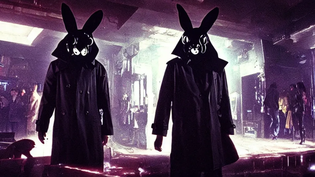 Image similar to a man in a trench coat wearing a black rabbit mask standing in a cyberpunk club on the dance floor , film still from the an anime directed by Katsuhiro Otomo with art direction by Salvador Dalí, wide lens