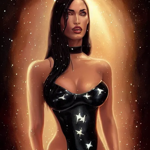 Prompt: portrait of megan fox wearing a tight black latex dress with galaxy lights and stars, sultry muscular body, fantasy, intricate, elegant, highly detailed, digital painting, artstation, concept art, matte, sharp focus, perfect face symmetry, illustration, art by aenaluck and roberto ferri and greg rutkowski, epic fantasy, digital painting