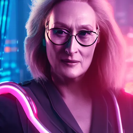 Image similar to Meryl Streep portrait, Cyberpunk 2077, ultra photorealistic, cybernetic body parts, neon, octane, bokeh, 8k