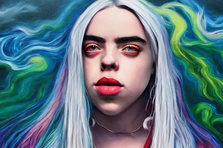 Image similar to billie eilish, fantasy, painting, ultra realistic!!!, clear weather, golden hour, sharp focus