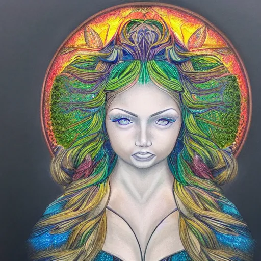 Image similar to Colored pencil art on paper, Goddess Gaia Portrait, highly detailed, artstation, MasterPiece, Award-Winning, Caran d'Ache Luminance
