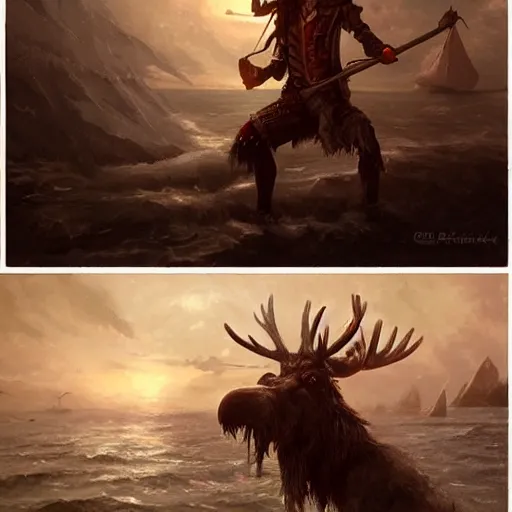 Image similar to anthropomorphic moose pirate humanoid by greg rutkowski, pirate ship, sea, fantasy