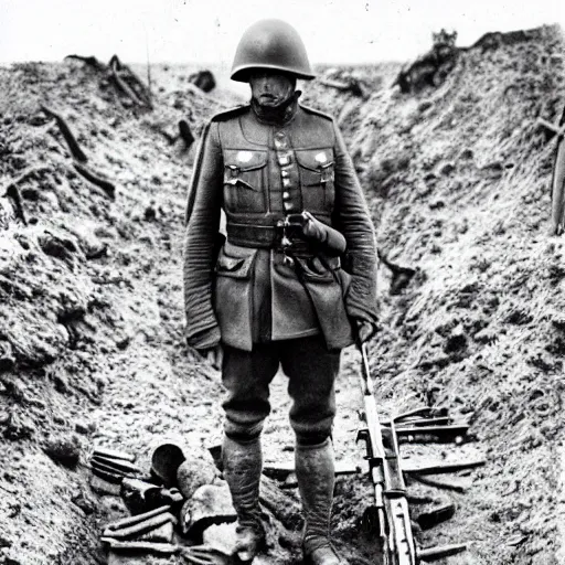 Prompt: Thanos as a soldier, ww1 trench, war photo, film grain