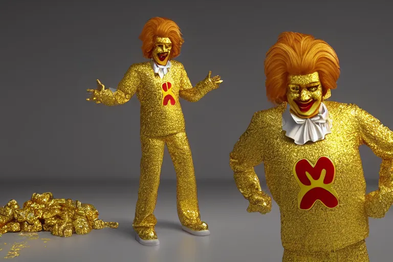 Image similar to a still of ronald mcdonald surrounded by gold and diamonds, award - winning, photograph, 3 d render, unreal engine, 4 k detailed