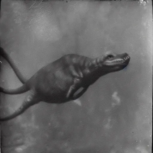 Image similar to tintype photo, underwater, dinosaur swimming