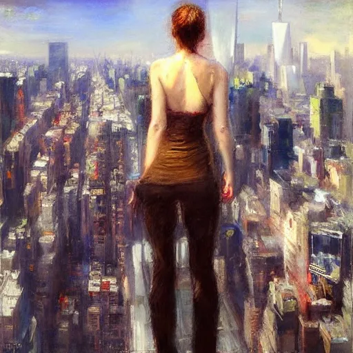 Image similar to “ girl standing on a roof looking down at a futuristic new york city below, by daniel gerhartz ”