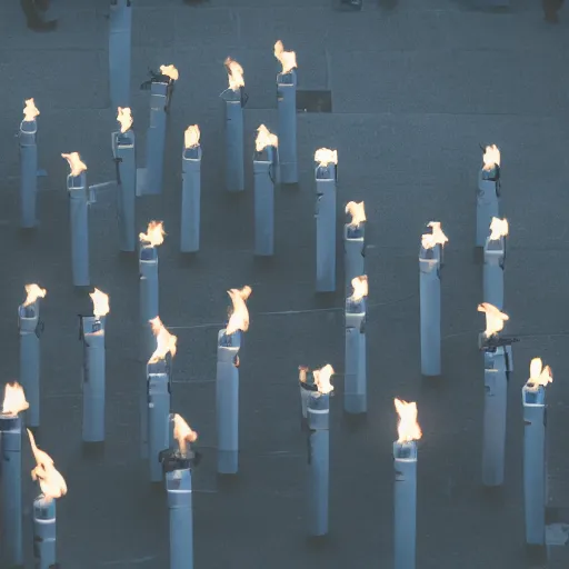 Prompt: a mob carrying torches standing in the shape of a peace sign, photography, highly detailed, high quality, 8 k, soft lighting,