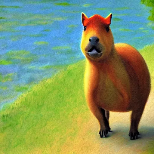 Image similar to impressionist painting of a capybara standing up riding a Segway