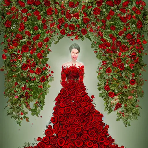 Image similar to full body image of a beautiful woman covered in ivy and red roses, ornate gown standing in a bed of roses, rim light, dynamic lighting, etherial lighting, ultra detail, concept art, elegant, surreal, illustration by lisa aisato