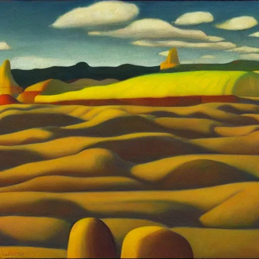 Prompt: badlands made of cupcake icing, grant wood, pj crook, edward hopper, oil on canvas