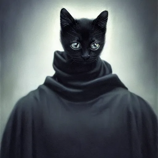 Image similar to a portrait of a kitten wearing a black hood, cloak covering face, anatomically correct, beautiful perfect face, enigmatic, oil painting, matte, black background, Volumetric dynamic lighting, Highly Detailed, Cinematic Lighting, Unreal Engine, 8k, HD, by Beksinski