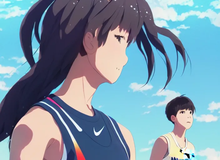 Image similar to portrait of high school runner girl, sunny sky background stadium landscape illustration concept art anime key visual trending pixiv fanbox by wlop and greg rutkowski and makoto shinkai and studio ghibli and kyoto animation symmetrical facial features sports clothing marathon race nike shirt