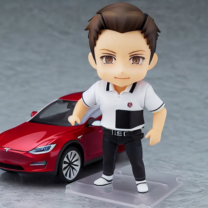 Image similar to a anime nendoroid of elon musk wear white polo shirt and black shoe, car tesla 3, figurine, product photo, detailed