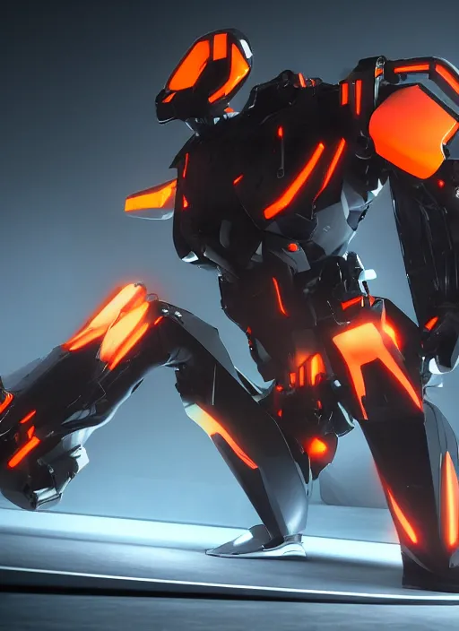 Image similar to a Photorealistic dramatic hyperrealistic full frame render of a Sleek futuristic exosuit Freedom Formula Racing Mech,Ultra realistic details,glossy white metal,Orange racing stripes,weathered surfaces,by Hidetaka Tenjin,Yoh Yoshinori,Yoji Shinkawa,Masamune Shirow,Beautiful dramatic dark moody tones and lighting,cinematic atmosphere,studio lighting,shadows,dark background, Octane render,8K