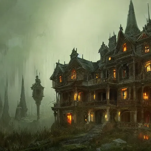 Image similar to detailed the huge haunted house on the edge of a hill , highly detailed, illustration, fantasy art, in the style of greg rutkowski, epic, fantasy, intricate, hyper detailed, artstation, concept art, smooth, sharp focus, ray tracing