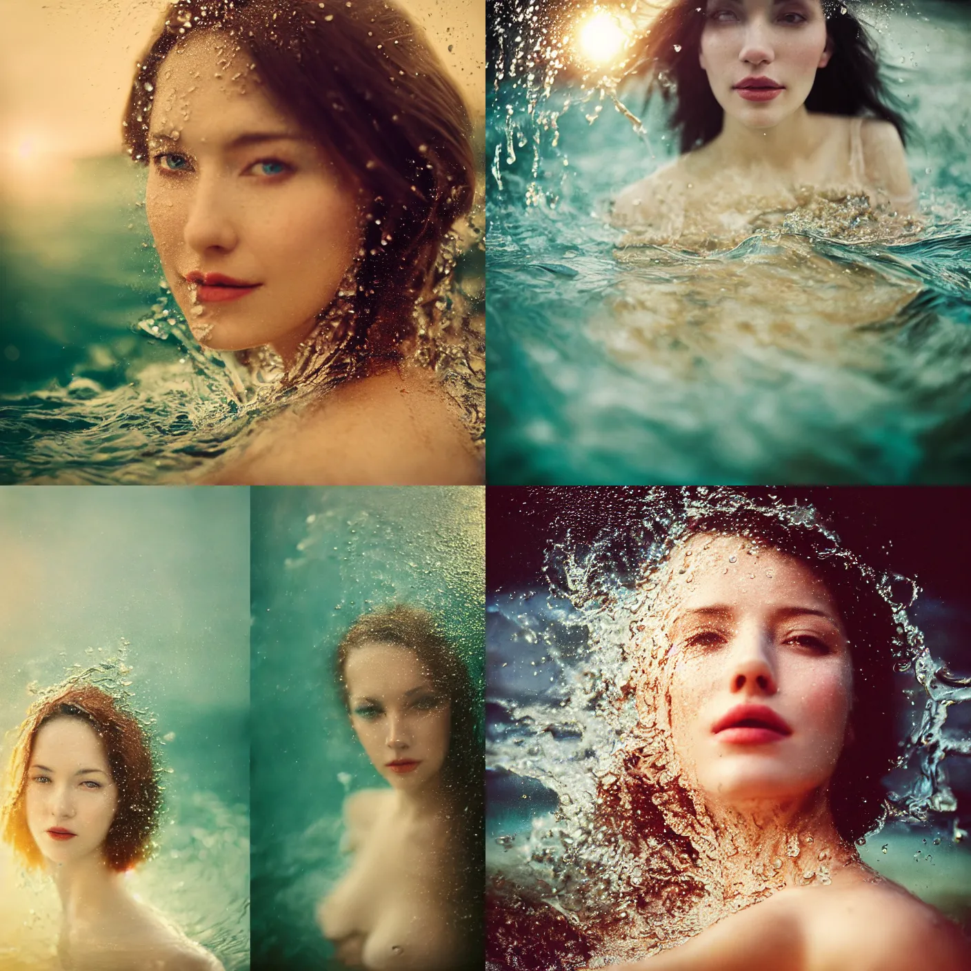 Prompt: close up photography of a beautiful woman surrounded by water splashes byanka zhuravleva and ary scheffer. jean james and marco mazzoni. vogue. kodak portra. bokeh!. golden hour. detailed. hq. realistic. vibrant. lens flare. canon eos r 3, 8 k, raw, symmetrical balance, in - frame