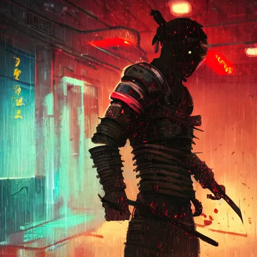 Image similar to illustration of a worn out samurai that got time travelled to a futuristic colonized Martian city, protecting his daughter from robot samurai, rainy day, neon glow concept art, sharp focus, cyberpunk 2077, steam punk, scifi, octane render, art by Ilya Kuvshinov, wallpaper, highly detailed, anime key visual, warm colors, epic landscape, HD digital art, artstation