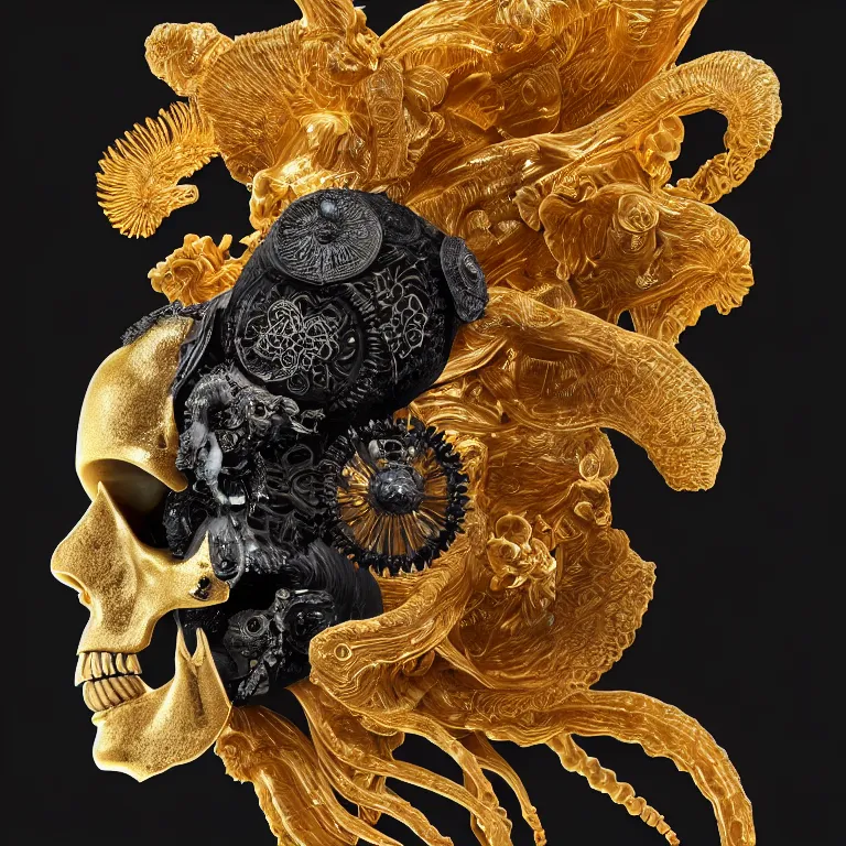 Image similar to black background. absolutely symmetrical sculpture. centered. goddess princess face close-up portrait ram skull. sculpture made of gold and black charcoal. jellyfish phoenix head, nautilus, orchid, skull, betta fish, bioluminiscent creatures, intricate artwork by Tooth Wu and wlop and beeple. octane render, trending on artstation, greg rutkowski very coherent symmetrical artwork. cinematic, hyper realism, high detail, octane render, 8k