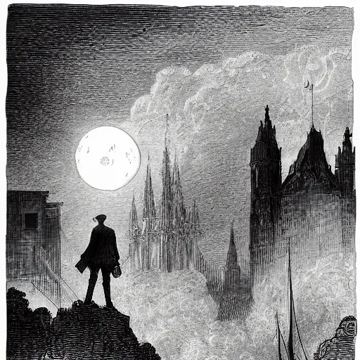 Image similar to Drawing of the city Mainz, gentleman, victorian ladies, dramatic clouds, moon, depth, Chiaroscuro, illustration by Gustave Doré