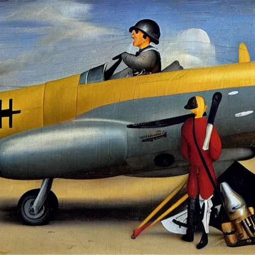 Image similar to oil painting by hieronymous bosch of a pilot preparing for take - off in p - 5 1 mustang.