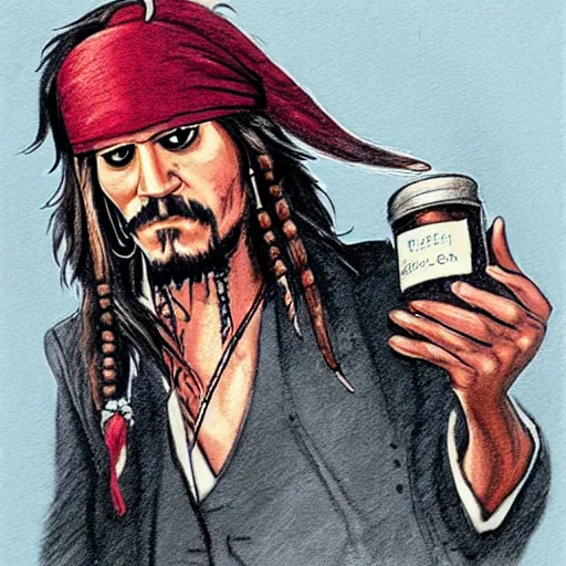 Image similar to Courtroom Sketch of Jack Sparrow holding a jar of poop in hand
