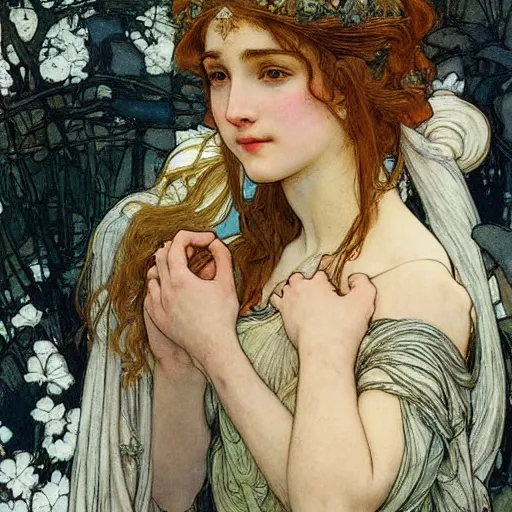 Prompt: a painting of a beautiful princess by rebecca guay and by john william waterhouse and by arthur rackham and by alphonse mucha, art noveau, neo-classical, detailed, proportional