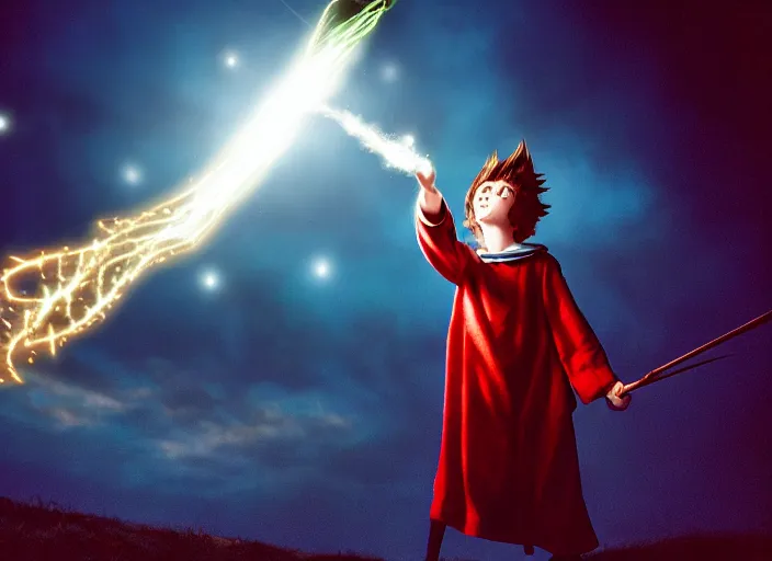 Image similar to a young adult wizard with very detailed face, hair clothes and shoes points their wand fiercely from which a blast of bright magic flies from the end of the wand, on an empty moonlit hill, dramatic lighting, lens flare, 3 5 mm full frame professional photography, kodachrome