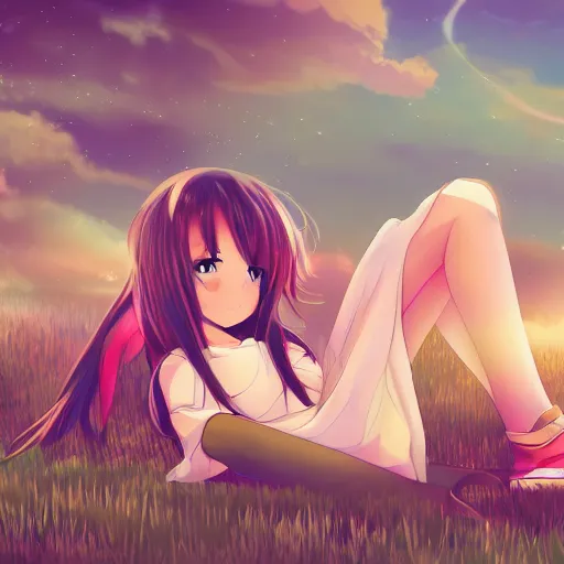 Prompt: anime girl sitting on a grassy field and staring up at the universe, digital art, 4K