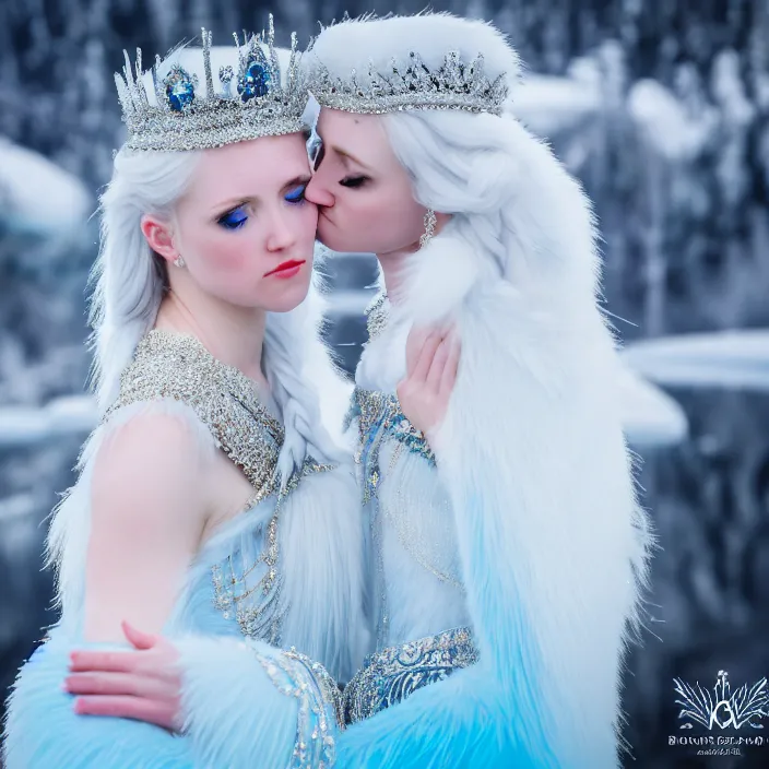 Prompt: photograph of a real-life beautiful ice queen in ornate dress kissing a woman. 8k