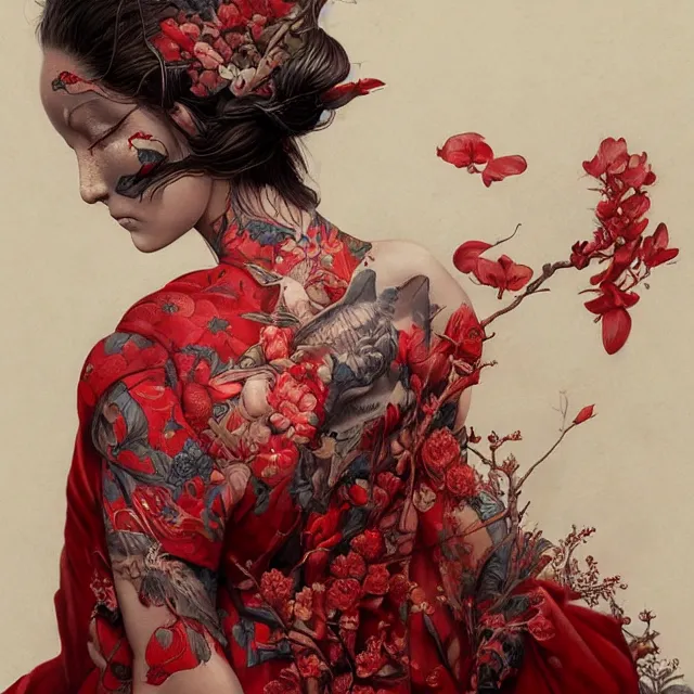 Image similar to ultra realistic illustration, beautiful woman dressed in red kimono, backview, tattoos, in the style of peter mohrbacher by weta digital and beth cavener, high face symmetry, intricate, masterpiece, award winning, high face symmetry, intricate