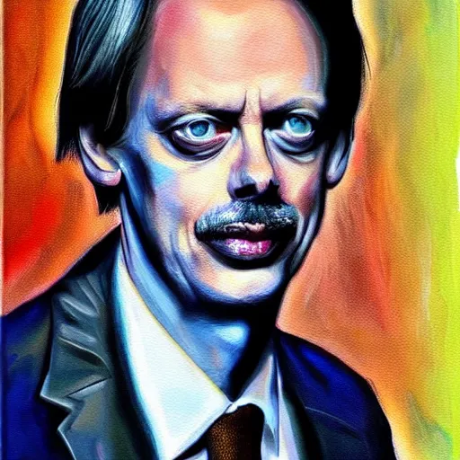 Image similar to Steve Buscemi, smooth painting, art, detailed, colorful, smiling, beautiful hair, deep look, intense atmosphere