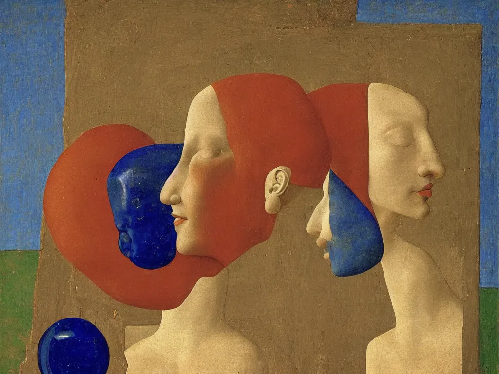 Image similar to portrait of a head with vase, amphora. lapis lazuli, malachite, cinnabar, gold. painting by piero della francesca, balthus, agnes pelton