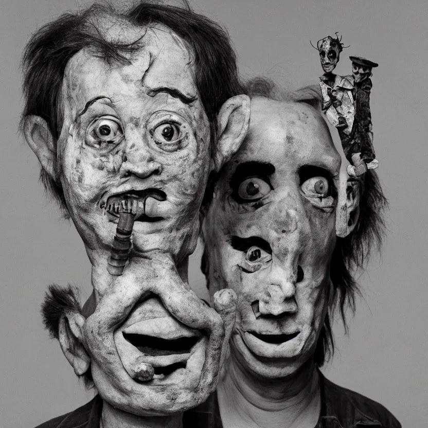 Image similar to bill hicks as a creepy ventriloquist dummy amoking in the style of roger ballen, 4 k, portrait