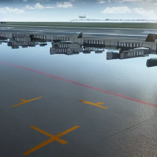 Image similar to photo of an airport, the floor is flooded with one meter deep water. eerie, volumetric lighting. highly - detailed 4 k