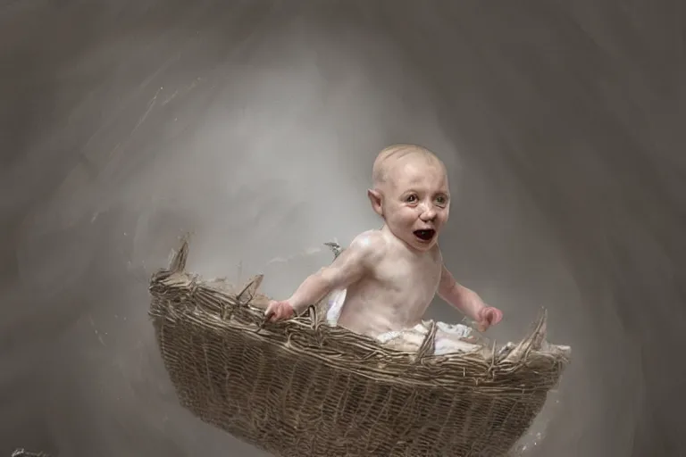 Image similar to epic concept art of a white baby squealing in a basket. by ashley wood and j. m. w. turner, speed painting, photo bash, cinematic angle, super detailing,