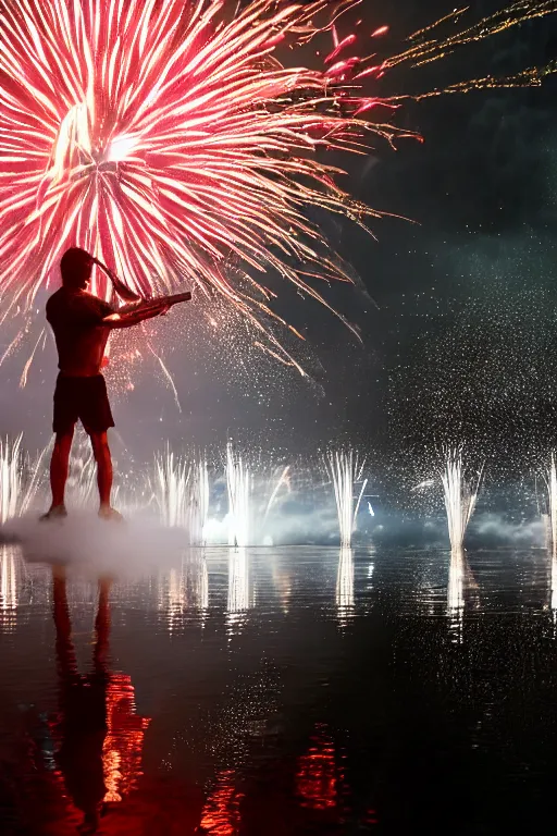 Image similar to scooter techno standing in water with fireworks in background, full body, reflection in water, volumetric lighting, golden ratio