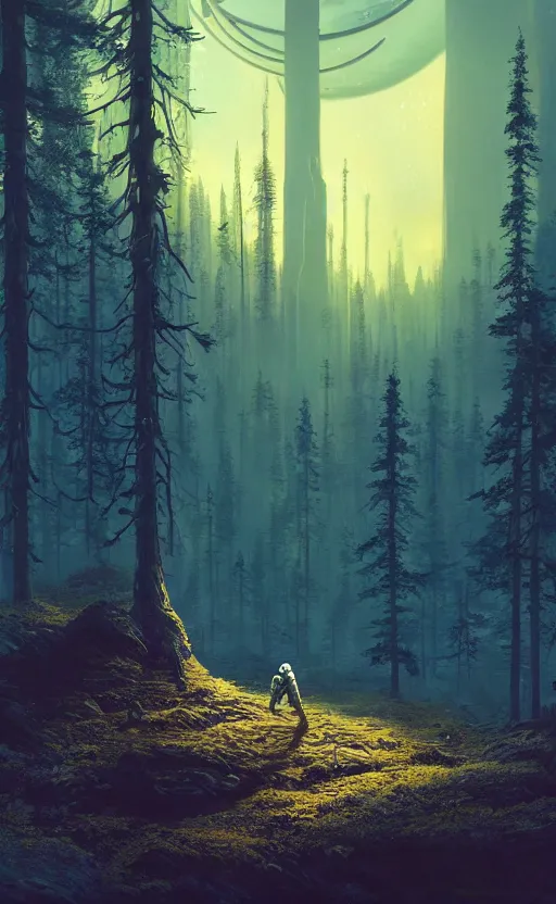 Image similar to A astronaut gazing upon an amazing alien forest landscape, digital art, breathtaking, golden ratio, extremely detailed, establishing shot, hyperrealistic, cinematic lighting, particles, unreal engine, simon stålenhag, rendered by Beeple, Makoto Shinkai, syd meade, simon stålenhag, Ruan Jia, Kentaro Miura, environment concept, artstation, octane render, 8K UHD image