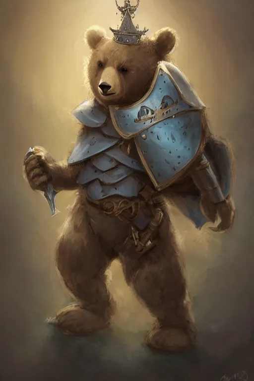 Image similar to cute little anthropomorphic bear knight wearing a cape and a crown, tiny, small, miniature bear, baby animal, short, pale blue armor, cute and adorable, pretty, beautiful, DnD character art portrait, matte fantasy painting, DeviantArt Artstation, by Jason Felix by Steve Argyle by Tyler Jacobson by Peter Mohrbacher, cinematic lighting