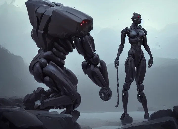 Image similar to epicly designed very muscular stone obsidian robot with human body with background by greg rutkowski, trending on artstation