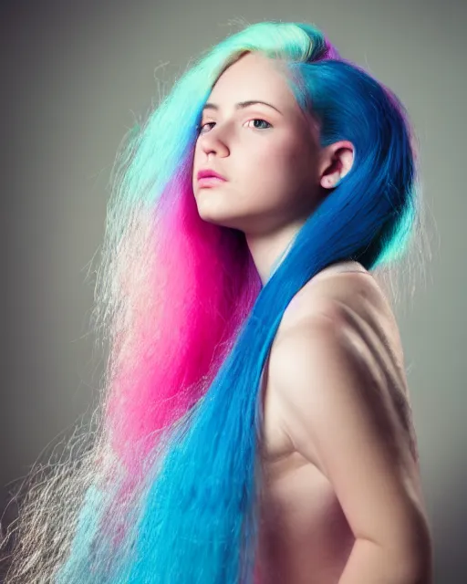 Image similar to a dramatic lighting photo of a beautiful young woman with cotton candy hair. with a little bit of cyan and pink