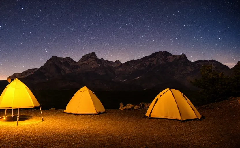 Image similar to night photography of a tent and fireplace with mountains in the background