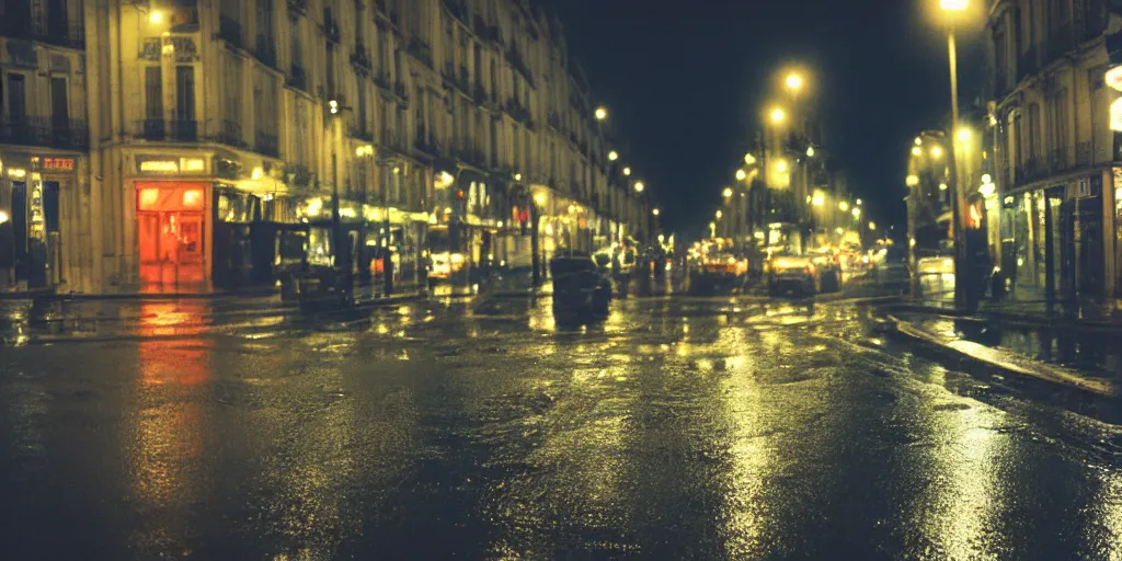 Image similar to street of paris photography, night, rain, mist, cinestill 8 0 0 t, in the style of william eggleston