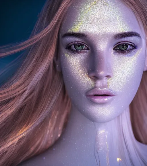 Prompt: bioluminescent long exposure light painting of a beautified full frame photo realistic face, lifelike incredible hair, crystalline masterpiece incrustations, gold, copper, bronze white plastic piping with specular highlights, hyperdetailed face, elegant pose, movie still, octane render, cinematic forest lighting,