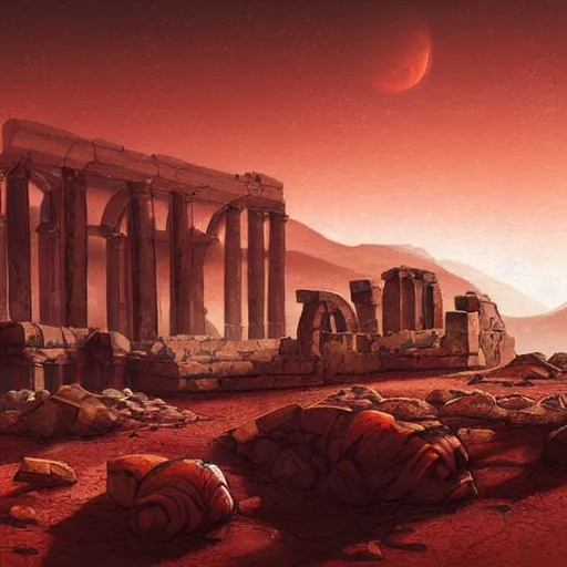 Image similar to ancient ruins in mars, retrowave epic art, trending in art station