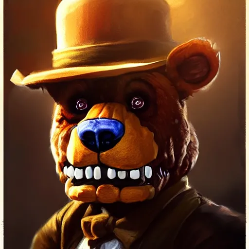 Image similar to portrait commission of freddy fazbear,realistic,hyperdetailed,photorealistic,detailed face,art by greg rutkowski,trevor henderson,ross tran,artstation,deviantart,4k,western comic style,sharp lineart,professional lighting,professional shading