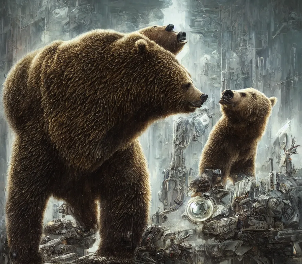 Prompt: a cyborg grizzly bear dj mixing records on stage by art germ, krenz cushart, tomasz alen kopera, and pascal blanche, photorealistic, highly detailed, sharp focus, illustration, lifelike, highly detailed, intricate, cyberpunk, biomechanics,