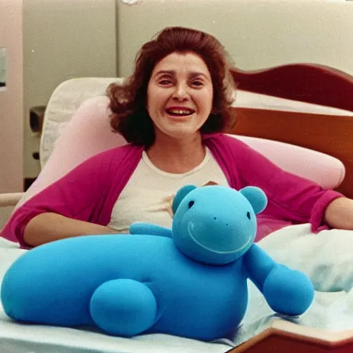 Image similar to happy woman who has given birth to a squishy inflatable toy, in hospital bed, 1974 color Fellini film, technicolor film, 16mm, wacky children's tv with anthropomorphic animal