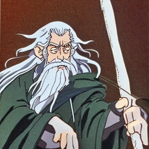 Prompt: gandalf from the anime lord of the rings (1986), holding a wooden staff, studio ghibli, very detailed, realistic